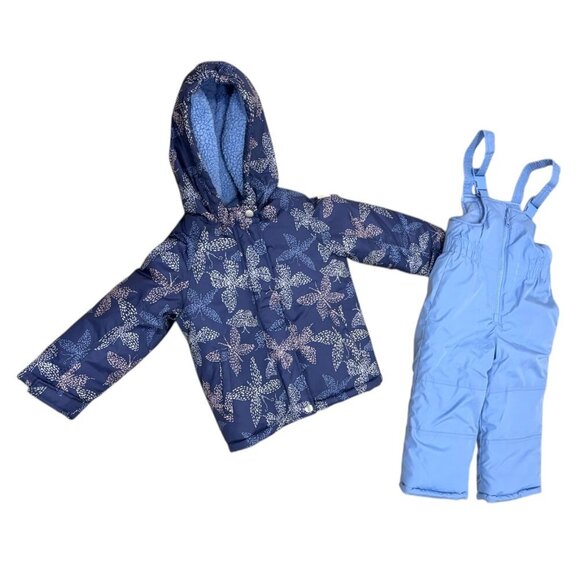 Osh Kosh B Gosh Girls Winter Jacket Snow Bib Set Blue Floral Pattern Snow Suit 3 - Picture 1 of 8